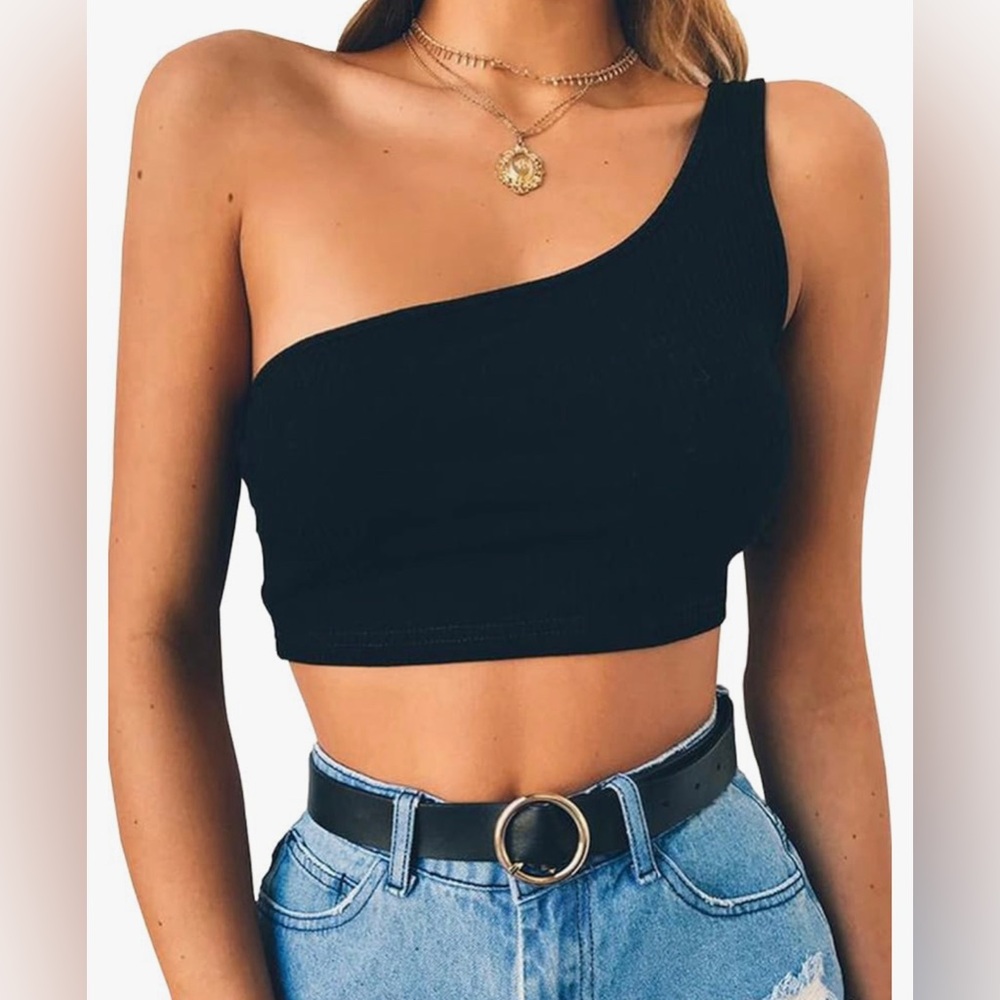 One Shoulder Strappy Tees Basic Crop Tank  Sleeveless Crop Tops
